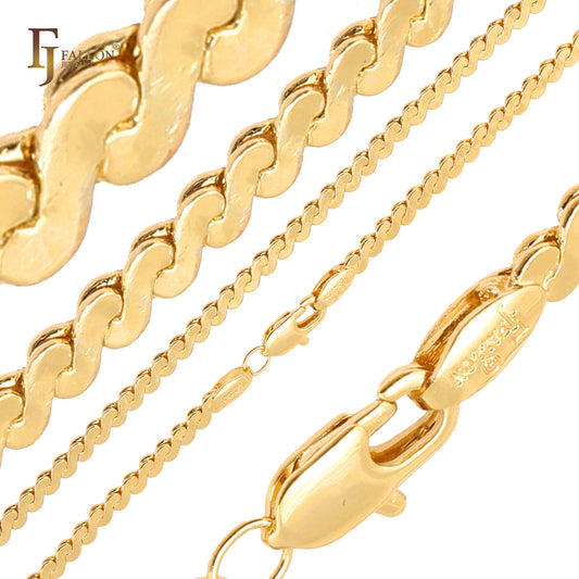 Serpentine fancy link wide Chains plated in 14K Gold, 18K Gold, Rose Gold and White Gold