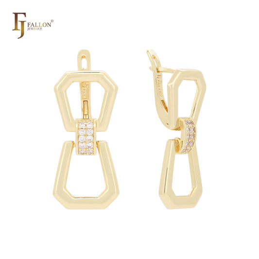 Double buckles up cluster white CZs 14K Gold earrings