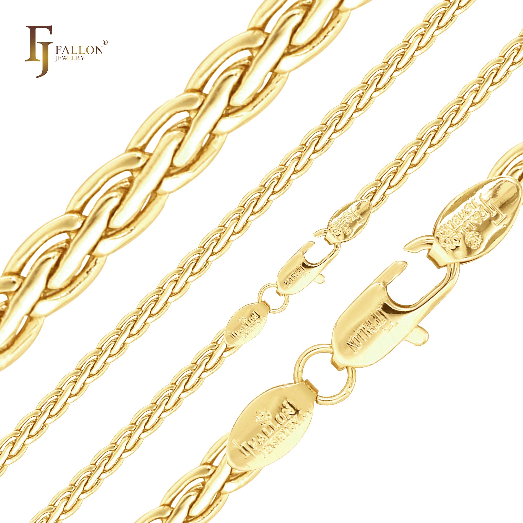 Classic Spiga wheat chains plated in White Gold, 14K Gold, Rose Gold, two tone
