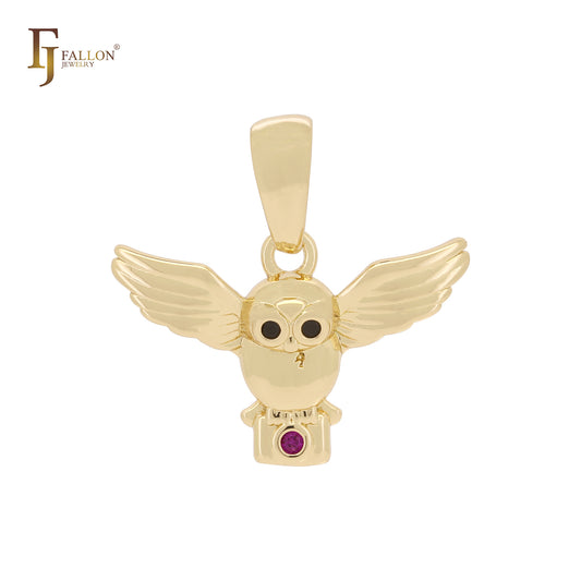 Owl flying wings 14K Gold, Rose Gold animal pendant