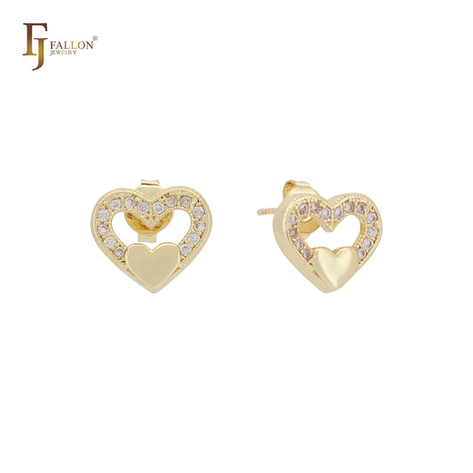 Heart in heart halo white CZs small 14K Gold Stud Earrings