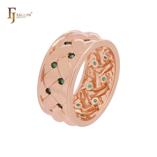 Wide emerald green czs 14K Gold, Rose Gold wedding band rings