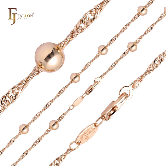 Beads Singapore link chains plated in 14K Gold, Rose Gold