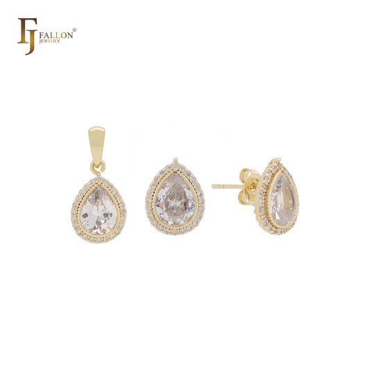 Halo pear shape teardrop white CZ 14K Gold Solitaire Jewelry Set with Pendant