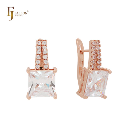 Princess cut white CZs solitaire 14K Gold, Rose Gold Clip-On Earrings