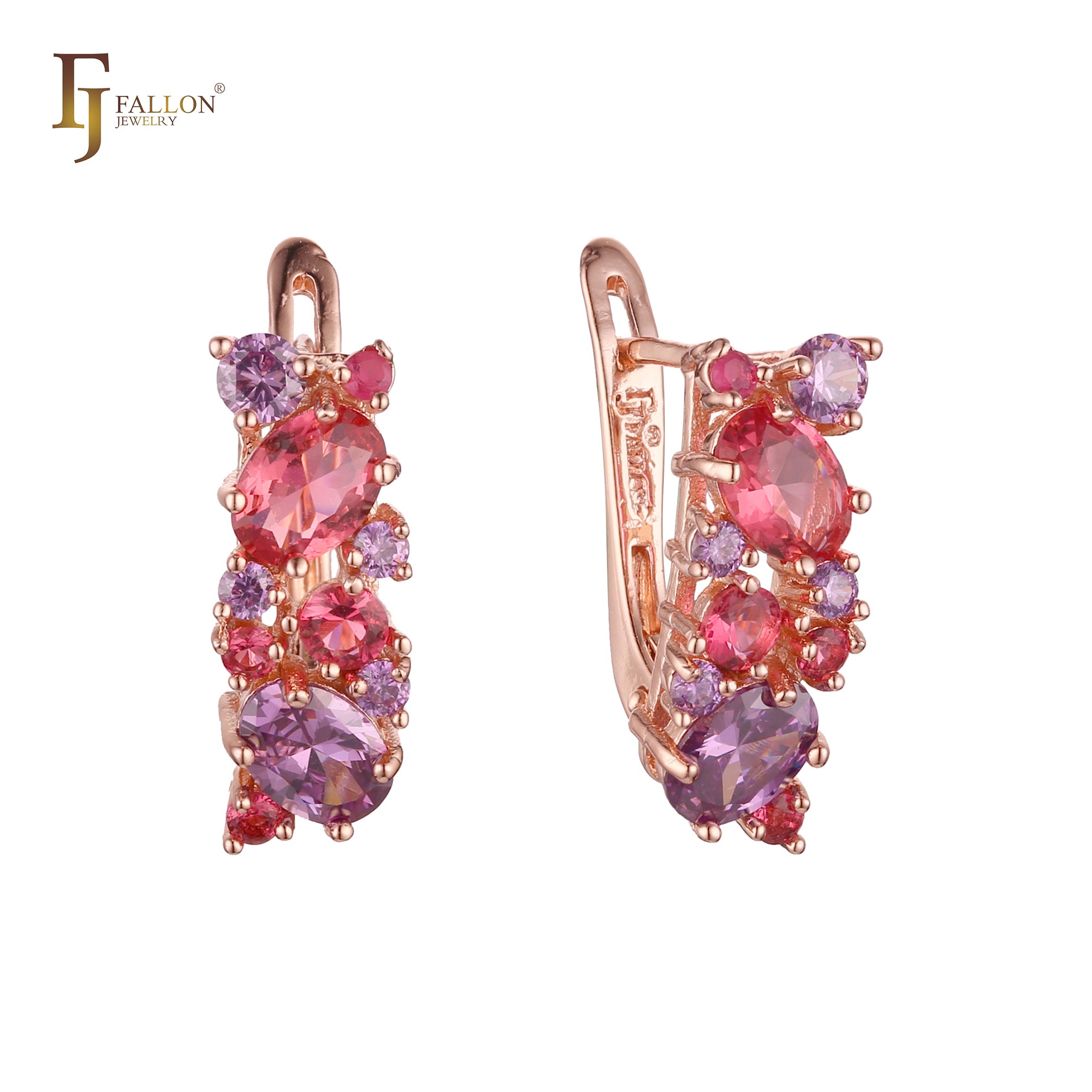 .Luxurious Colorful Cluster CZ earrings plated in 14K Gold, Rose Gold