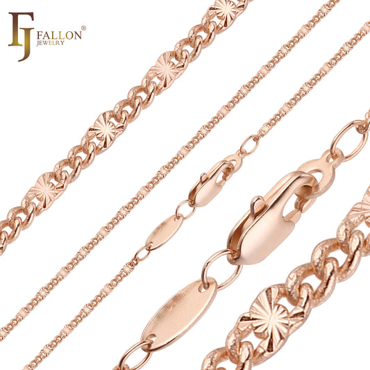 Figaro style Sparkling fancy link sunburst hammered chains plated in 14K Gold, Rose Gold two tone