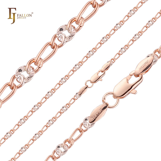 Figaro circle sunburst fancy link chains plated in Rose Gold two tone