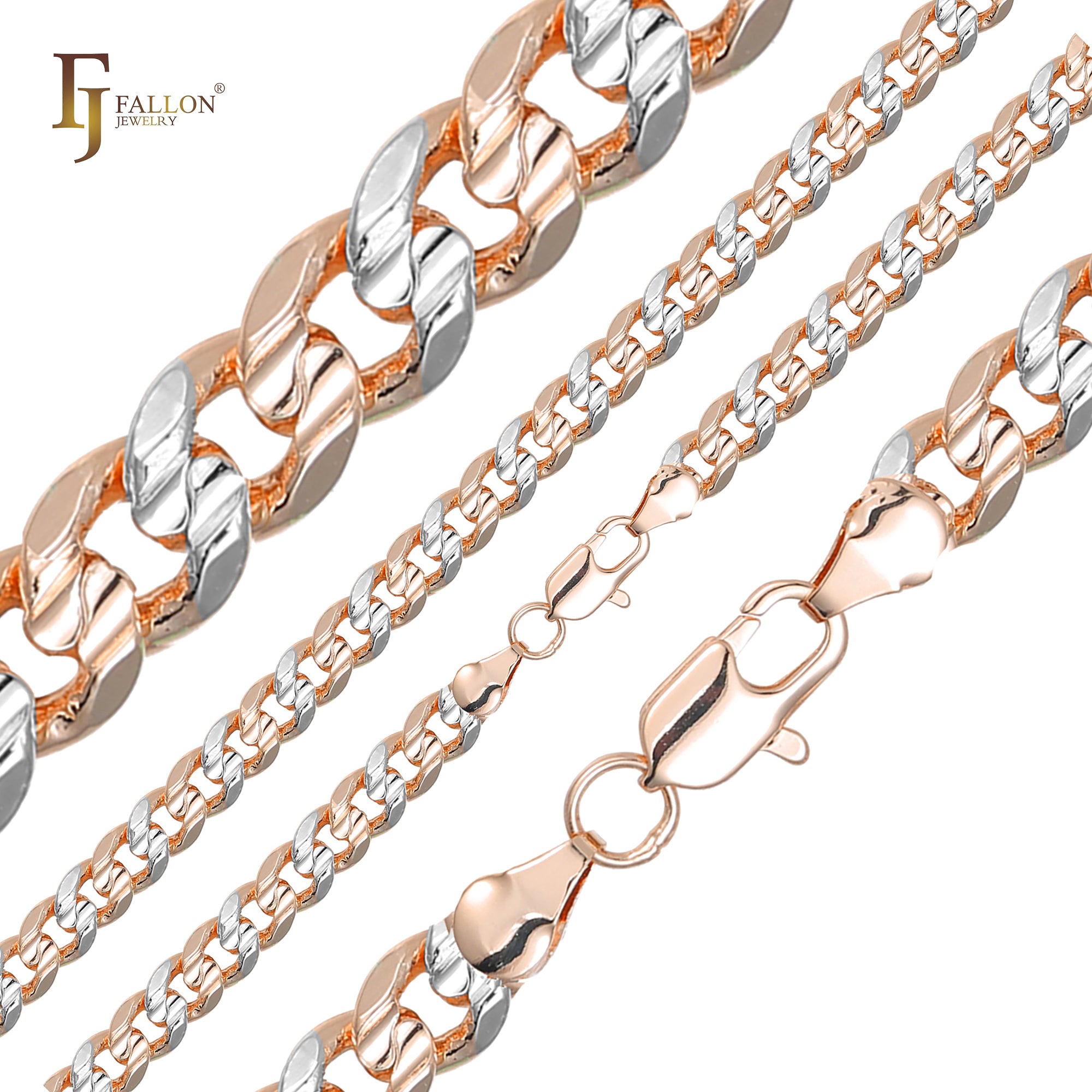 Classic Miami Style Cuban link center double grooved chains plated in 14K Gold, Rose Gold, two tone