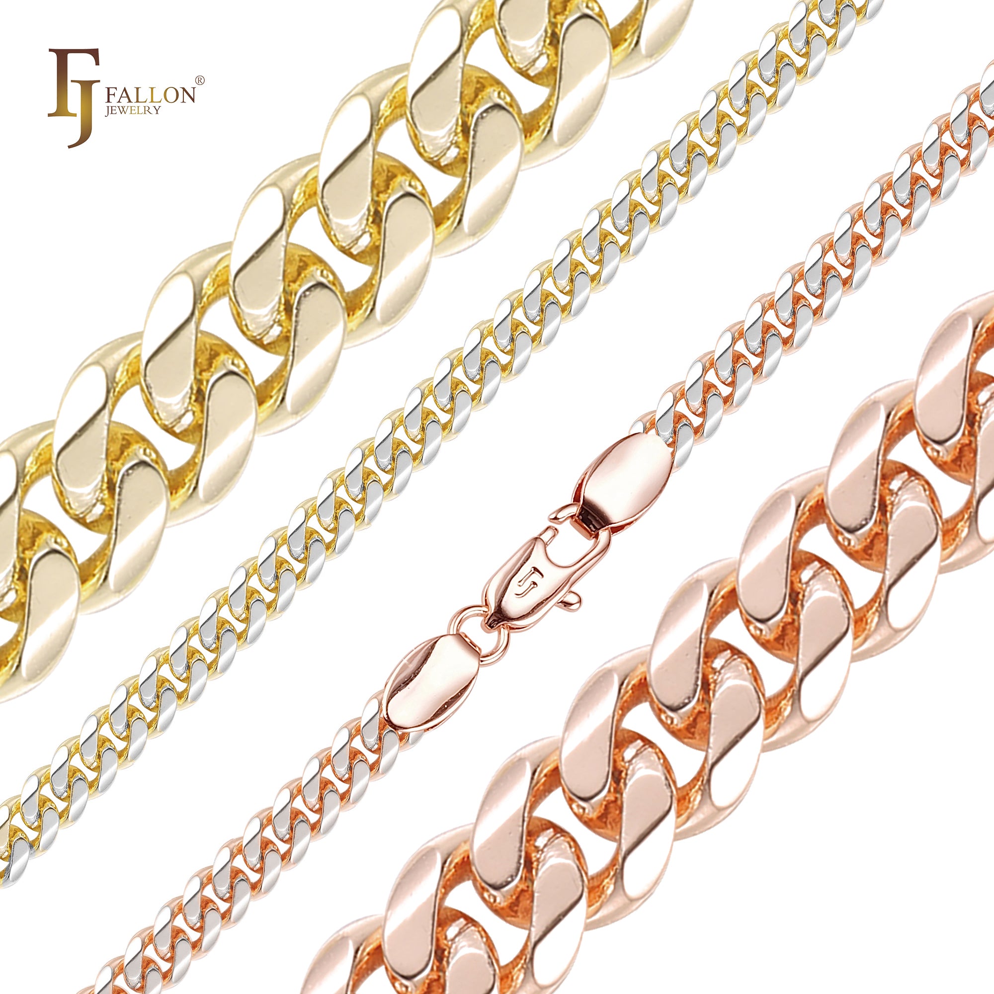 Classic Miami Style Cuban link rounded flank flattened surface chains plated in 14K Gold, Rose Gold RFSF