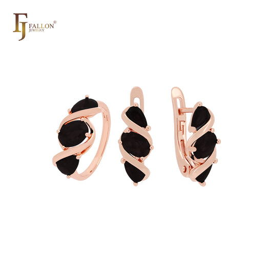 Triple cluster colorful CZs Rose Gold Jewelry Set with Rings