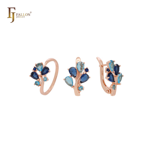 Branches blooming cluster blue CZs Rose Gold Jewelry Set with Rings