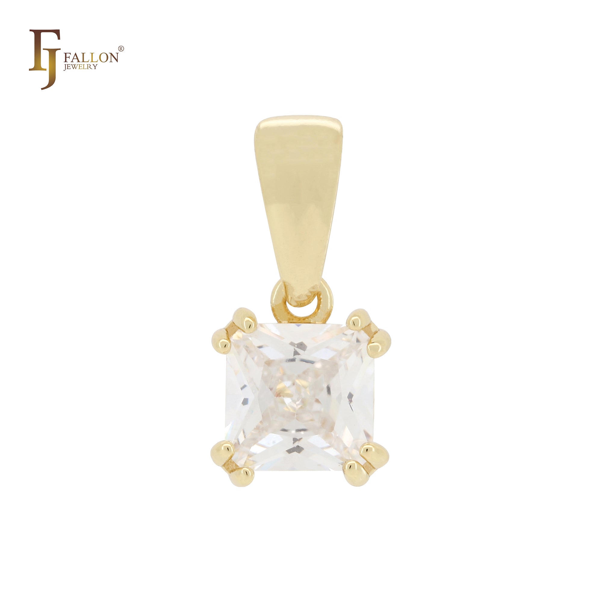 Claw setting squared white CZ solitaire 14K Gold, White Gold Pendant