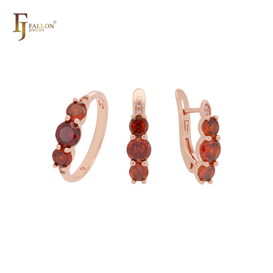 Compact Triple rounded  Scarlet Red CZs Rose Gold Jewelry Set with Rings