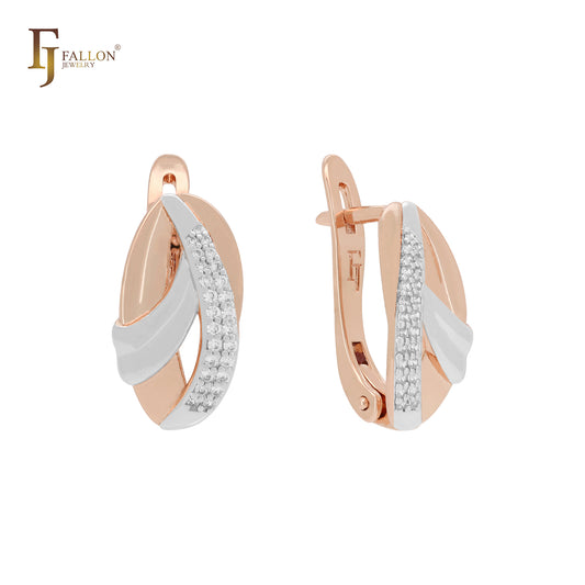 Ribbons overlapped cluster white CZs 14K Gold, Rose Gold two tone Clip-On Earrings