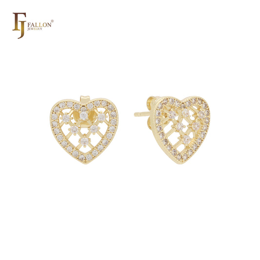 Petit tiny Net cluster white CZs heart shape 14K Gold Stud Earrings