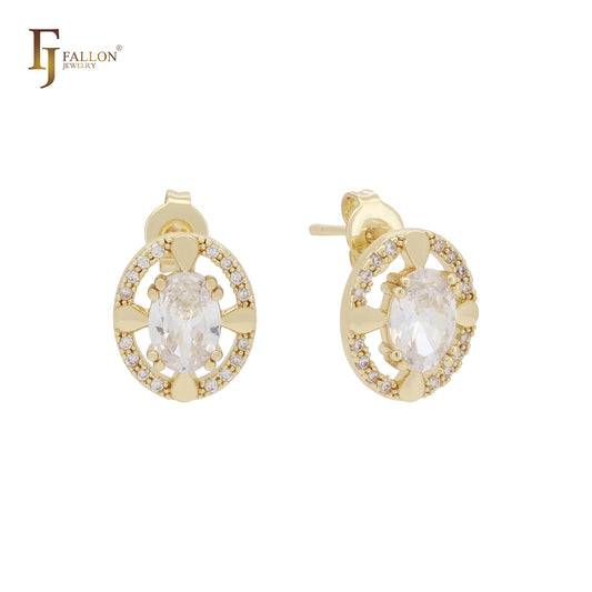 Petit tiny Oval solitaire white CZs cluster 14K Gold Stud Earrings