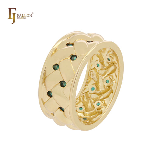 Wide emerald green czs 14K Gold, Rose Gold wedding band rings