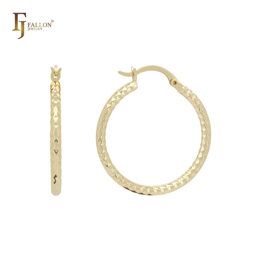 Compact rhombus textured minimalism elegant 14K Gold, Rose Gold Hoop Earrings