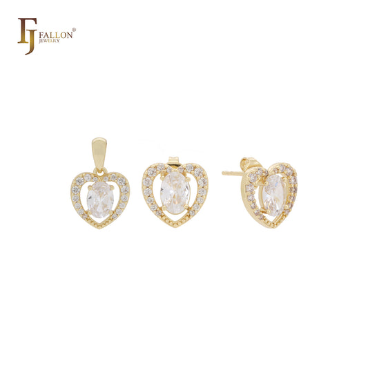 Halo Heart shape oval white CZs 14K Gold Jewelry with Pendant