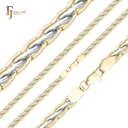 Spiga wheat tire hammered chains plated in 14K Gold, two tone, White Gold