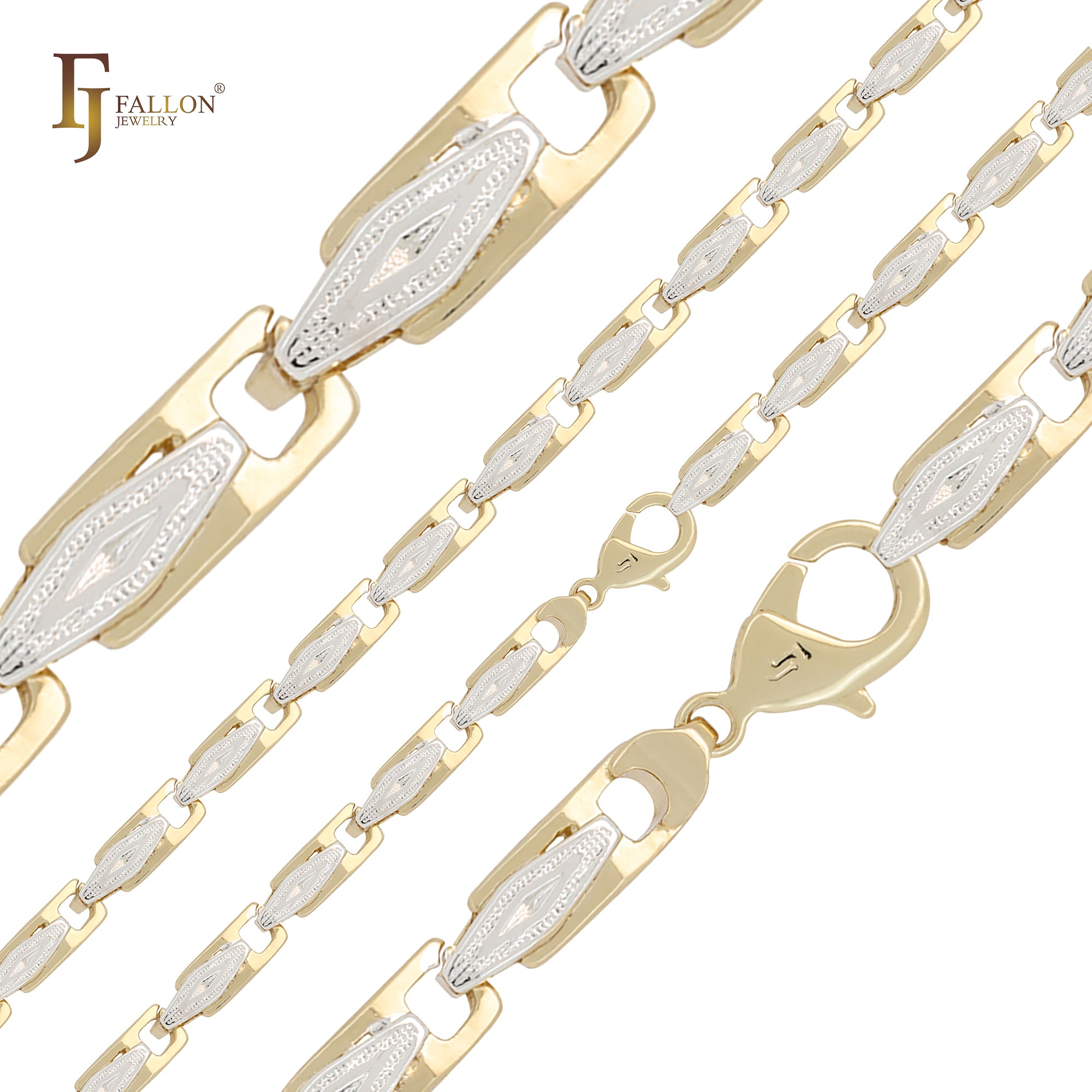 Fancy buckle and rhombus link 14K Gold two tone bracelets and chains necklace
