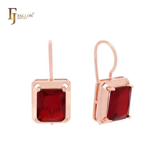 Big red squared CZ solitaire 585 Rose Gold wire hook earrings