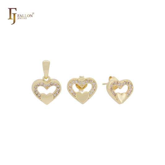 Heart in heart halo white CZs small 14K Gold Jewelry Set with Pendant