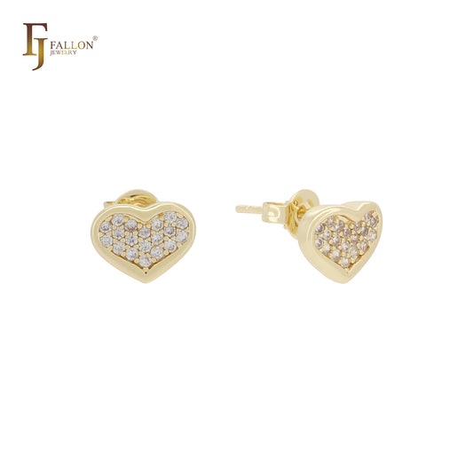 Petit tiny Heart shape cluster white CZs 14K Gold stud earrings