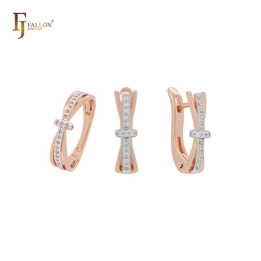 Triple bands in one paved white CZs 585 Rose Gold two tone Jewelry Set with Rings