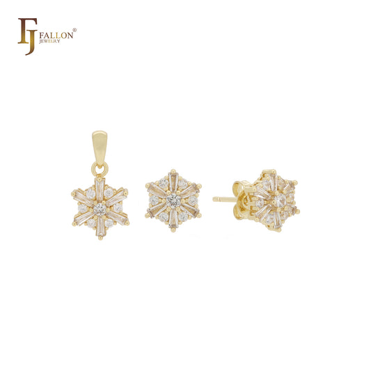 Snow flake white CZs 14K Gold Jewelry Set with Pendant