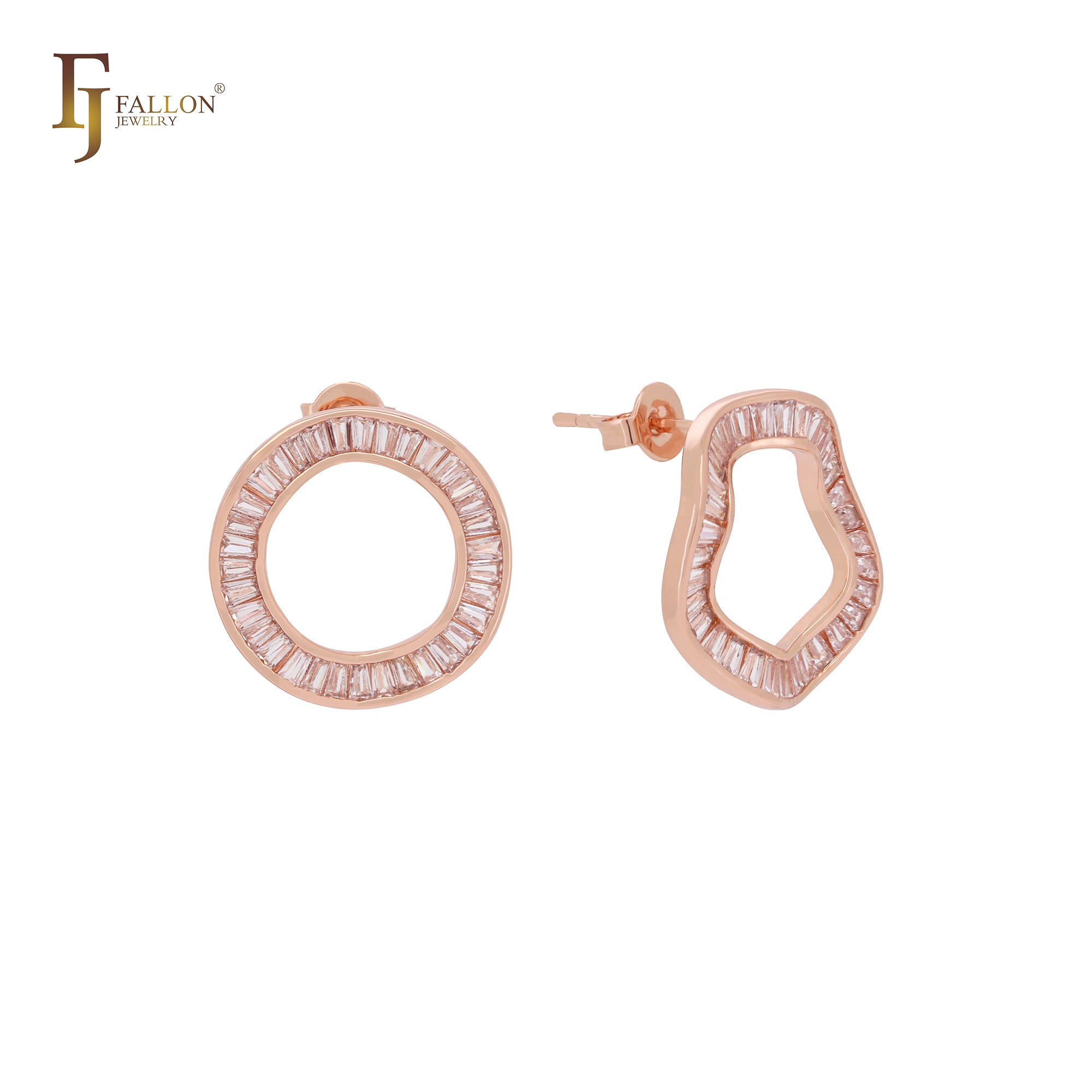Circular baguette white CZs rounded 14K Gold, Rose Gold Stud Earrings