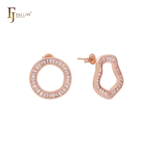 Circular baguette white CZs rounded 14K Gold, Rose Gold Stud Earrings