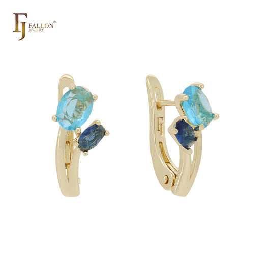 Branch Blooming blue double CZs 14K Gold Clip-On Earrings