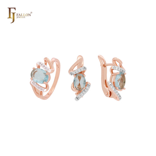 Solitaire Lake Blue CZ Rose Gold two tone Jewelry Set with Rings