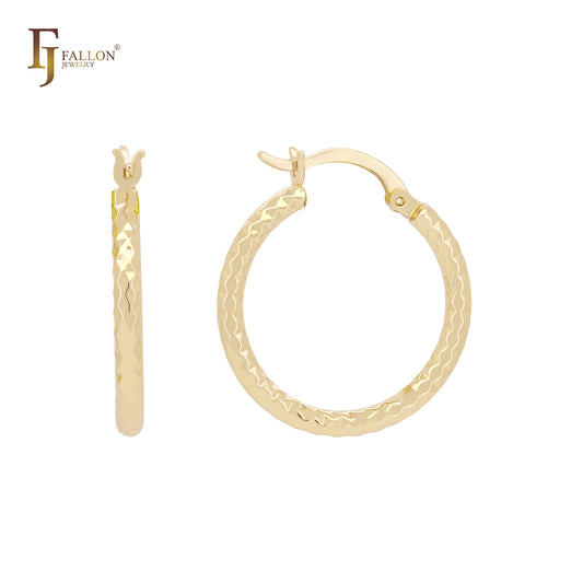 Compact rhombus textured minimalism elegant 14K Gold, Rose Gold Hoop Earrings