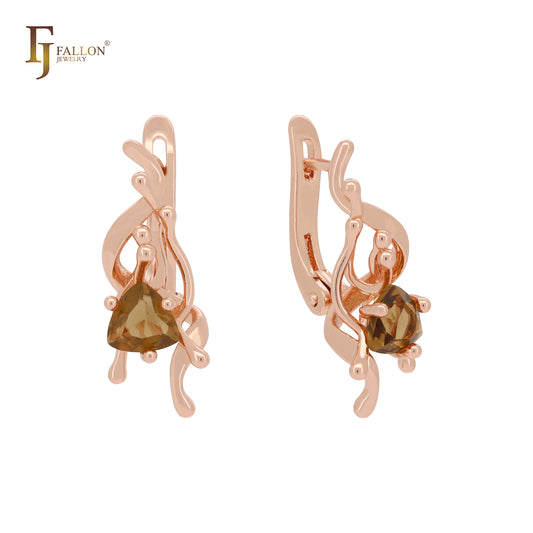 Blooming flourishing solitaire triangular CZ 14K Gold, Rose Gold Clip-On Earrings