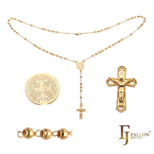 Italian Venerare 1' Saint Benedict Medal Adult Catholic Rosary Necklace plated in 18K Gold