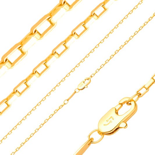Oblong Box link chains plated in White Gold, 14K Gold, Rose Gold