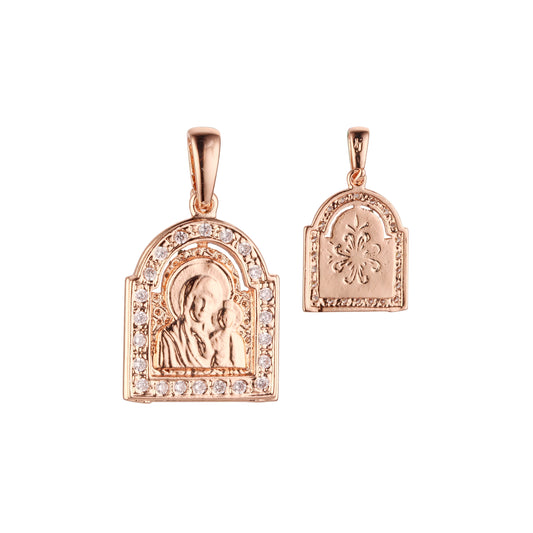 Virgin Mary of Kazan Paved white CZs White Gold, Rose Gold, two tone pendant