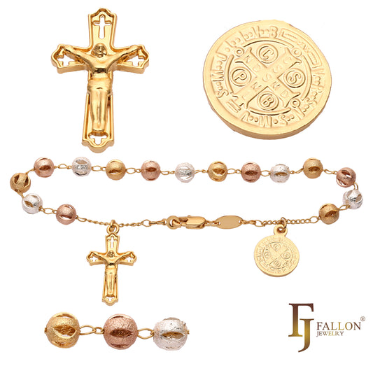 Italian Venerare 1' Saint Benedict Medal Adult Catholic Rosary Necklace plated in 18K Gold two tone