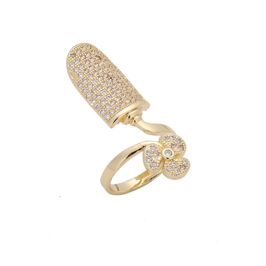 Women's fingernail and clover paved white cz 14K Gold adjustable open rings