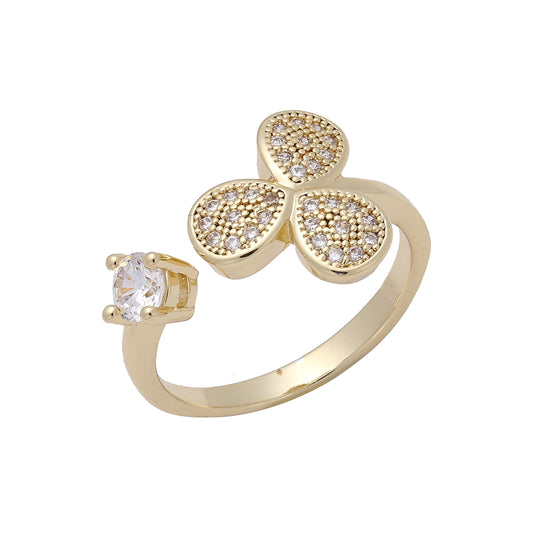 Clover and solitaire white cz Rose Gold, 14K Gold open rings