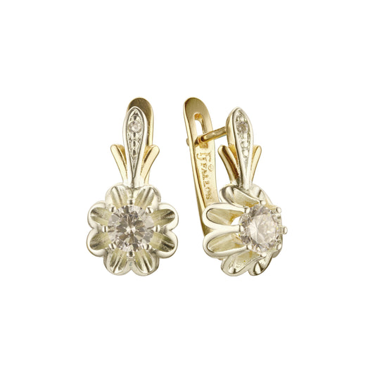 .Flower solitaire white cz earrings in 14K Gold, Rose Gold, two tone plating colors