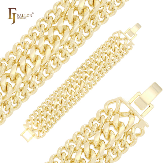 Triple cuban link curved wide 14K Gold bracelets