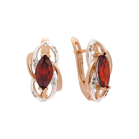 Solitaire Marquise Red CZ Rose Gold, two tone earrings