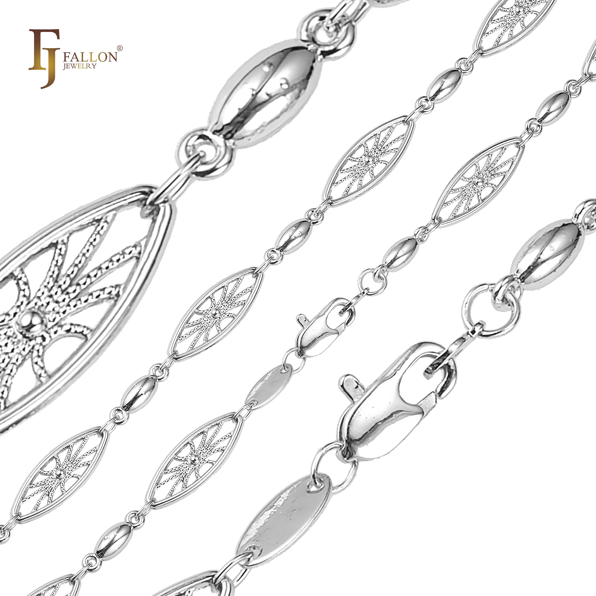 Beads fancy net filigree link chains plated in White Gold, 14K Gold, Rose Gold, two tone