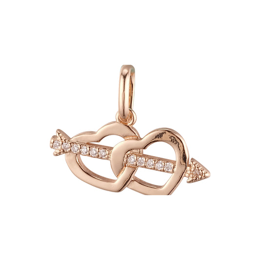 Arrow crossing double hearts pendant plated in 14K Gold
