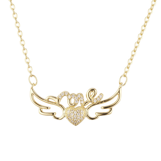 Heart and love with angle wings necklace plated in 14K Gold, Rose Gold