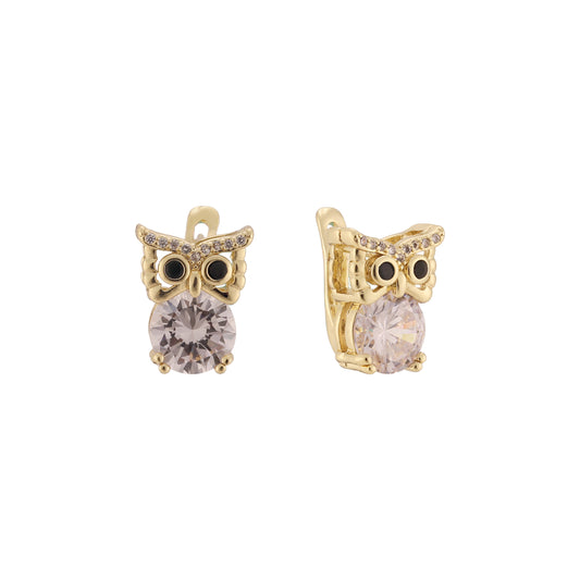Cute owl solitaire 14K Gold, Rose Gold Child earrings